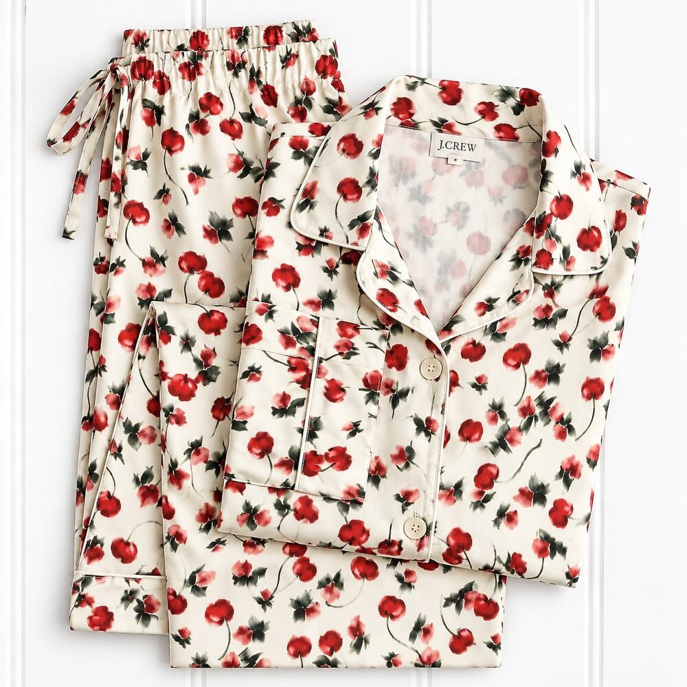J Crew Soft Shine Pajama Set Womens M Blurry Cherry Print Viscose 2 Piece